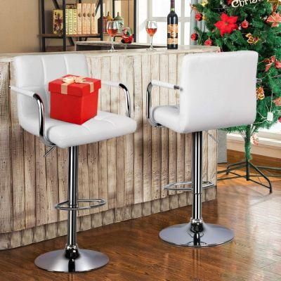 Chair Bar Stools Modern Square PU Leather Adjustable Barstools with Arms and Back Bar Chairs 360&deg; Swivel Stool White