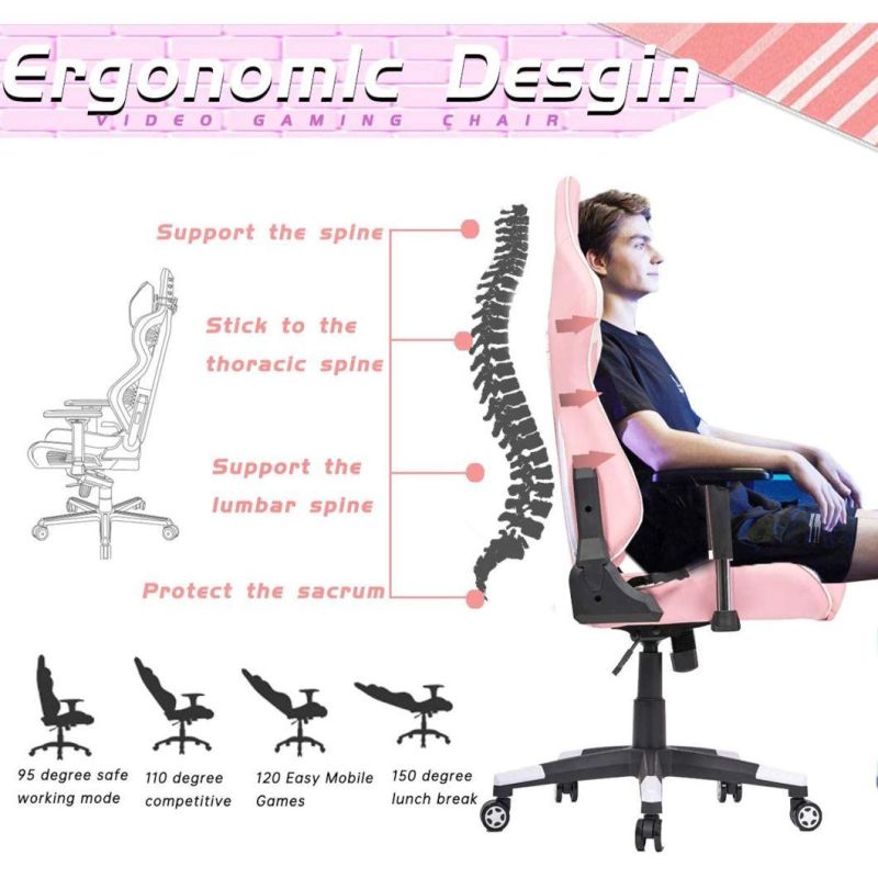 High Back Ergonomic Swivel Leather PC Computer Pink Gamer Gaming Chairs with Footrest for Home Office