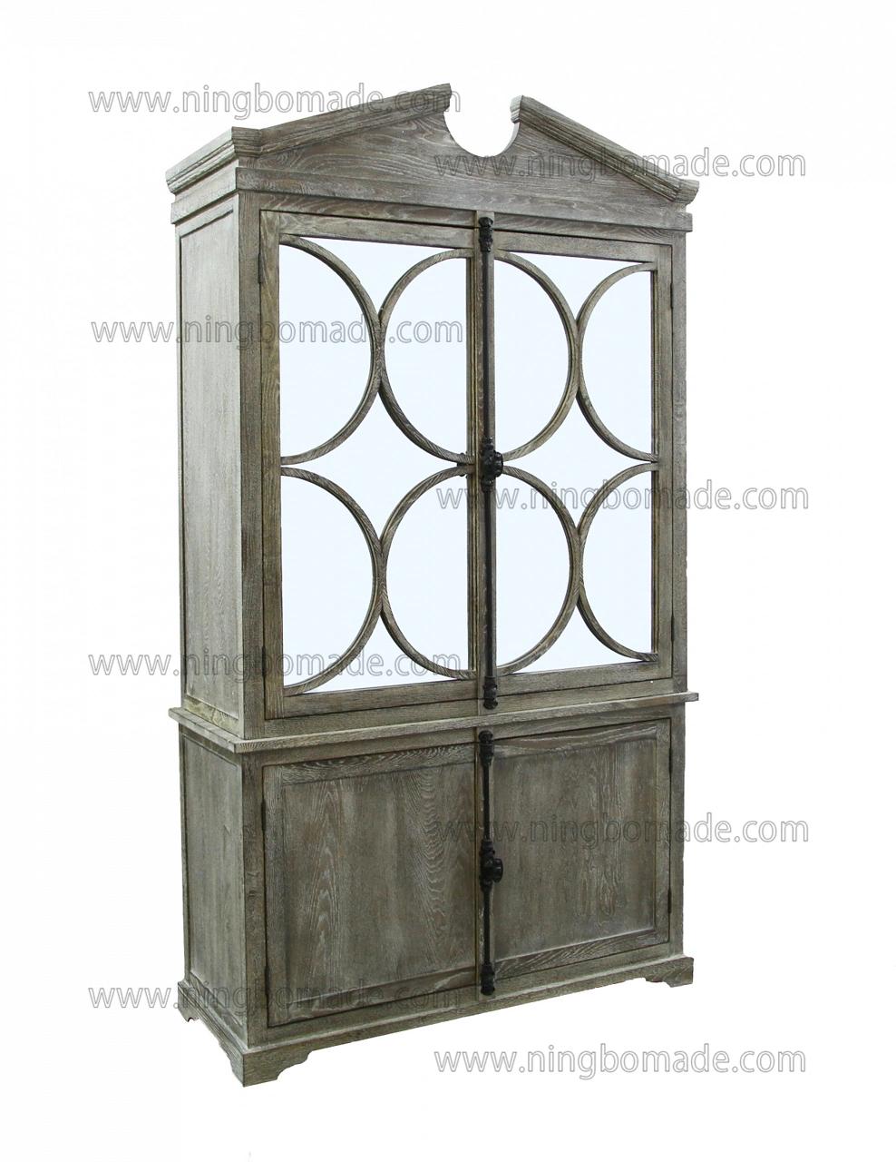 Ningbo Antique Style Country Rustic Classical Vintage Accent Furniture Oak Weather Grey White Display Showcase Cabinet