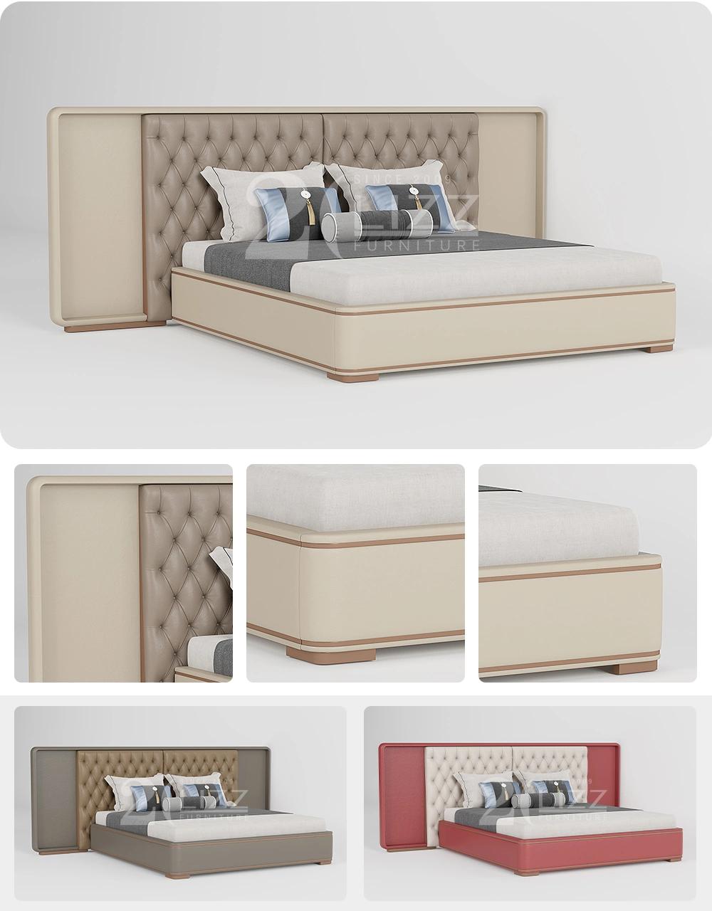 Contemporary Luxury Design Home Bedroom Double Leather Bed Set with Big Size Headboard