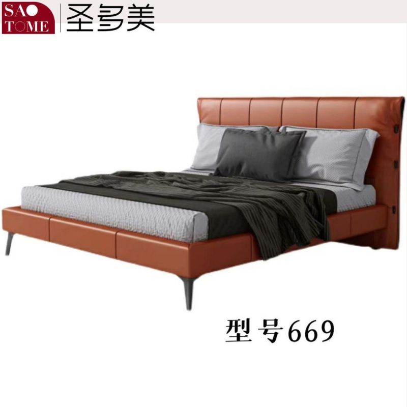 Modern Plank Wood Frame Hermes Orange Leather Double Bed