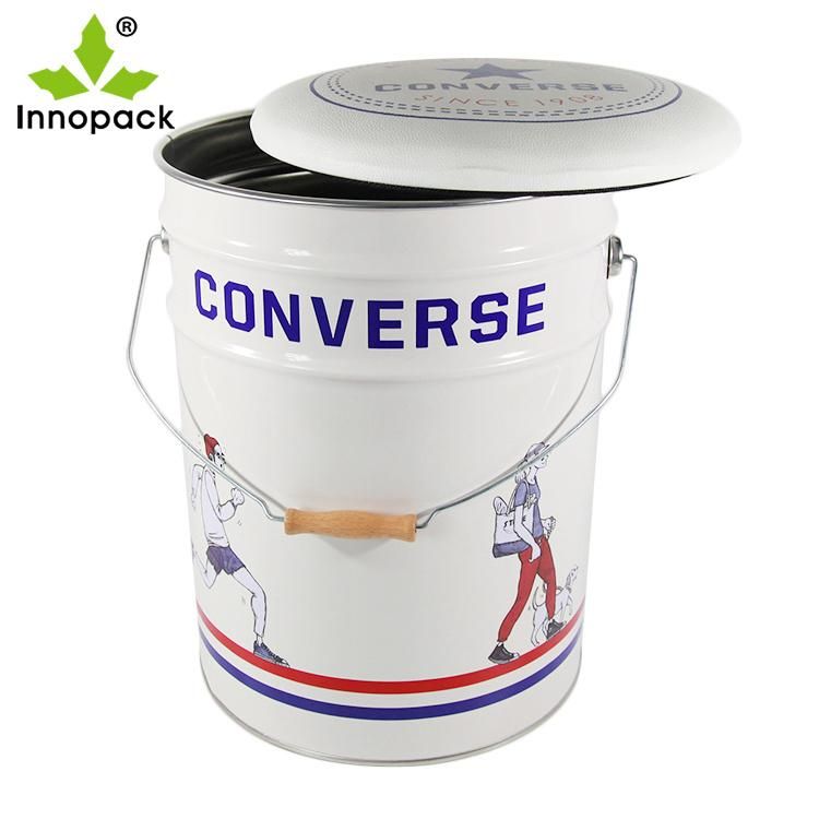 White Prinited Round Tin Bucket Storage Bar Stool Chair with Leather Cushion Cove