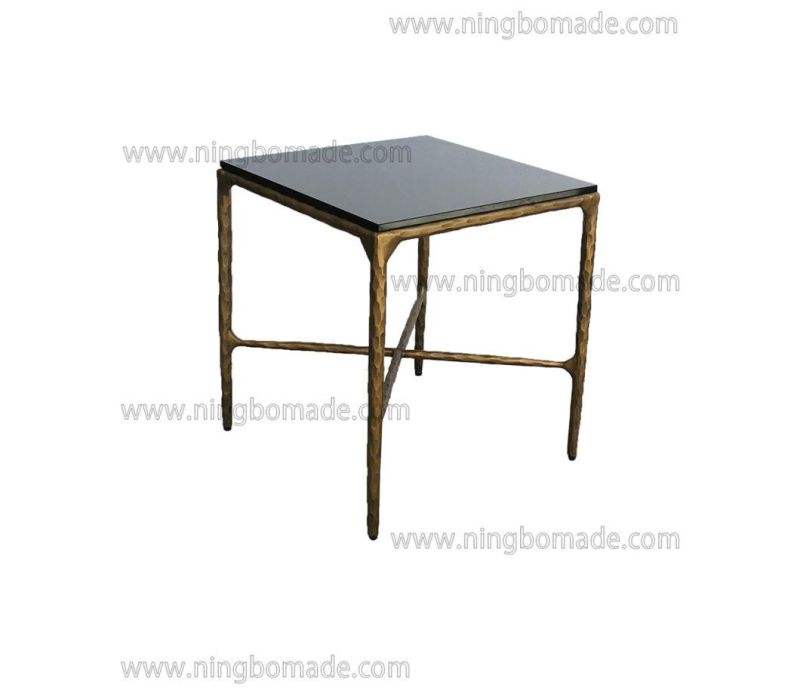 Rustic Hand Hammered Collection Furniture Forged Solid Iron Metal with Brass Color Thick Black Tempered Glass Sofa Table