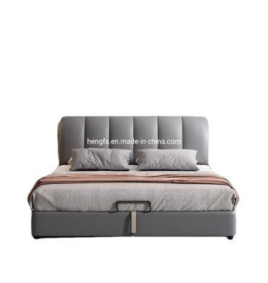 Minimalist Bedroom Furniture Solid Wood Grey Leather Cushion King Bed