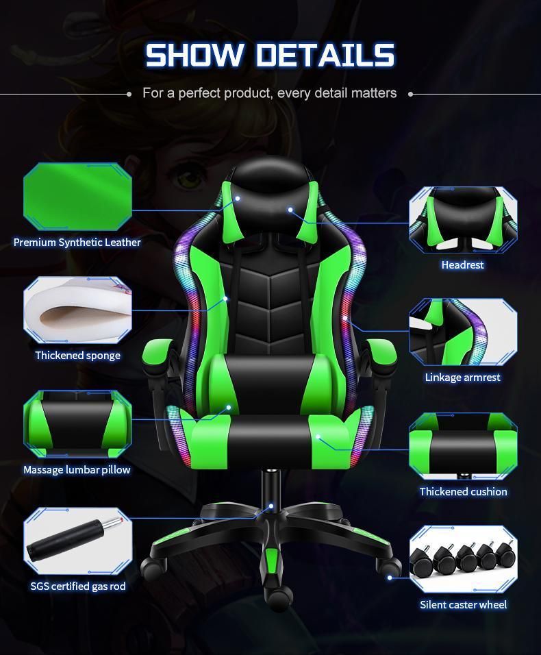 CE Approval Factory Wholesale Leather Reclining Gamer Chair LED Light Bar Racer RGB Gaming Chair