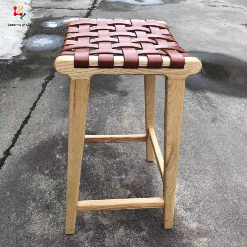 New Arrival Commercial Furniture Micro Fiber Leather Strap Solid Ash Timber Frame Bar Stool for Restaurant
