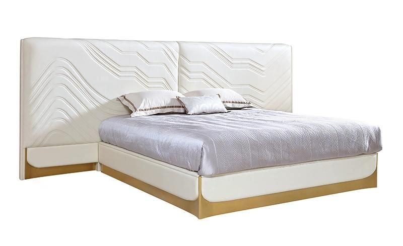 High Quality Home Furniture White Full Soft Fabric PU Leather Upholstered Bed Villa Bedroom Furniture Set Italian Luxury Modern King Size Bed with Big Headboard