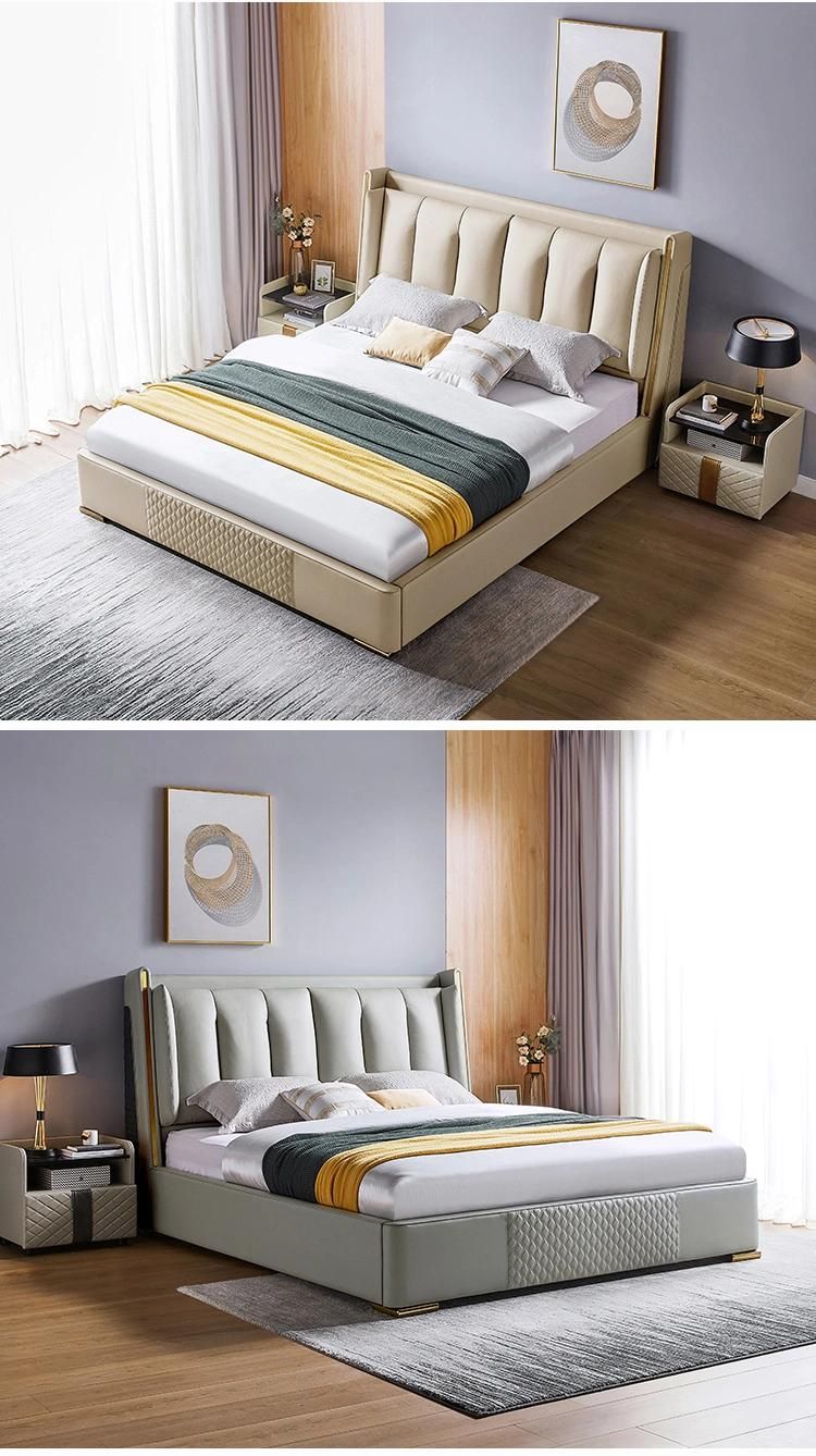 Linsy Factory European Wholesale Furniture Wooden Beds Upholstered Modern Leather Bed R305