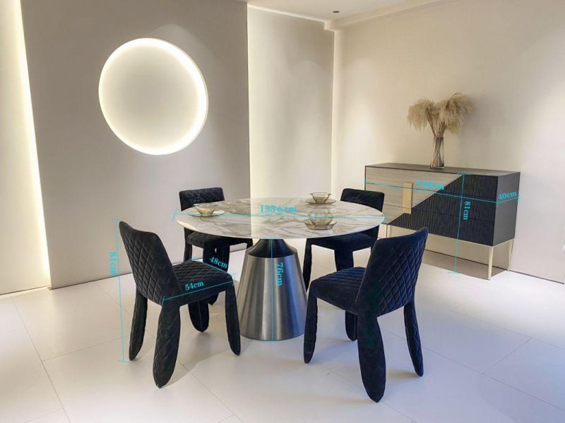 Luxury Metal Feet Round Shape Marble Top Table with Fabric Chair & Cabinet Dining Room Furniture Set