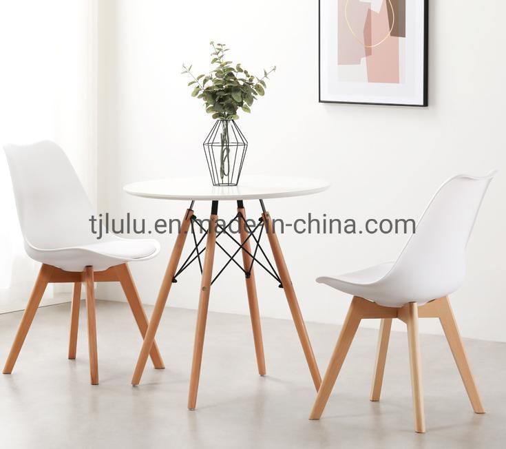 Popular Outdoor Cafe PP Polypropylene Plastic Chair Solid Wood Leather Cushion Tulip Dining Chairs with Wooden Legs for Events