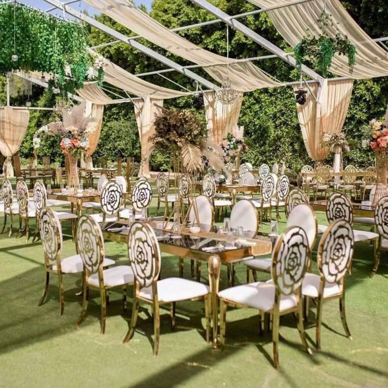 Luxury Banquet Furniture Golden Frame Shape Bride Chair Upscale Wholesales Round Back Unique Wedding Chair with Stack Special Design Dining Chair