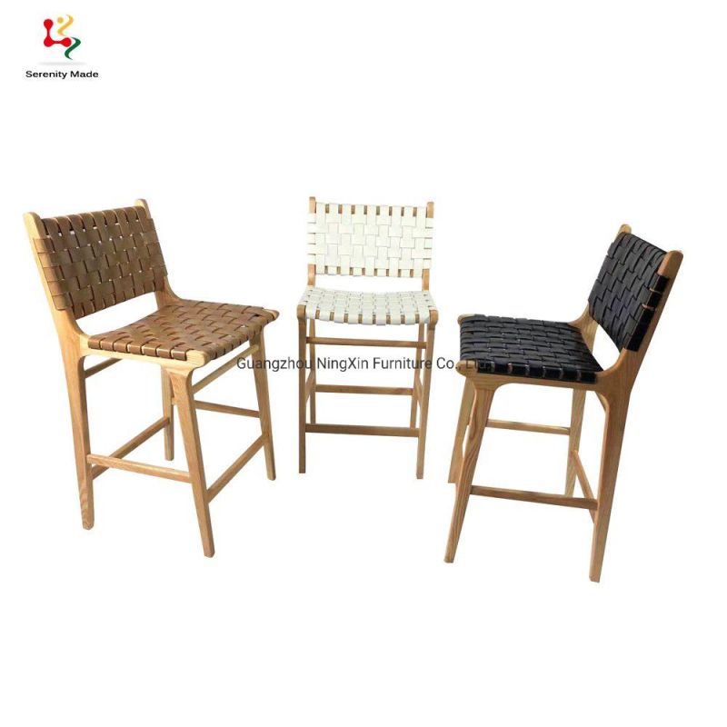 Modern Restaurant Pub Ash Timber Leather Woven Bar Chair Stool