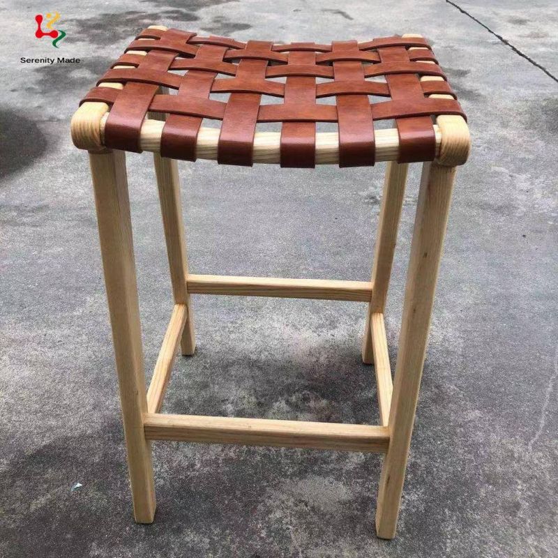 New Arrival Commercial Furniture Micro Fiber Leather Strap Solid Ash Timber Frame Bar Stool for Restaurant