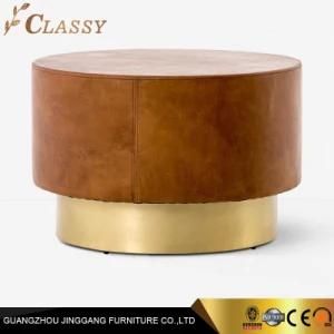 Customized Modern Round Leather Coffee Table Living Room Table with Metal Base
