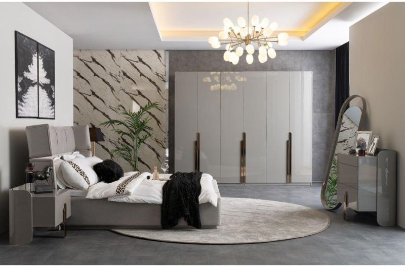 Nova Modern High Gloss Bedroom Furniture High Back Artificial Leather Upholstered King Bed