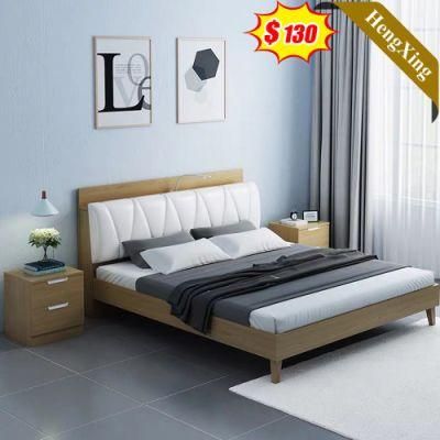 Good Price High Quality Log Color PU Leather Hotel Apartment Furniture Wooden Bedroom Bed with Night Stand