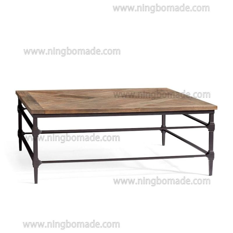 Grained Mosaic Parquet Furniture Natural Reclaimed Elm Top Rustic Black Iron Base Square Coffee Table