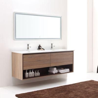 China Manufacturer Sale Modern Double Sink Stylish Design 63&quot; Khaki Wood Finish Bathroom Cabinet