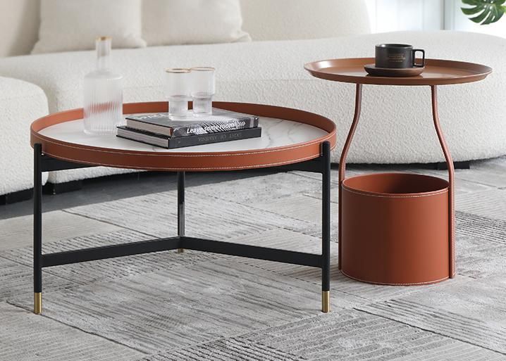 Leather Furniture Orange Marble Rock Plate Coffee Table Set