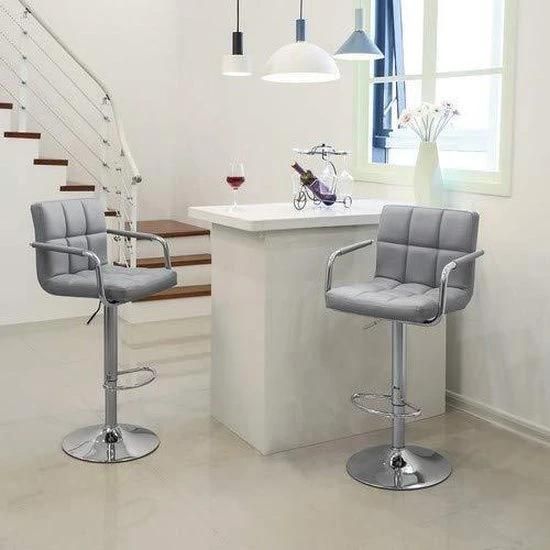 New Design Soft Back Armrest Lift Swivel Modern PU Fabric High Bar Stool Chair with Chrome Footrest