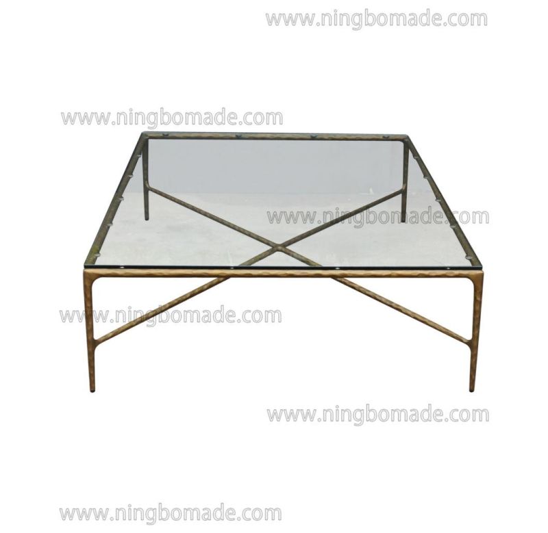 Rustic Hand Hammered Collection Furniture Forged Solid Iron Metal with Brass Color Thick Tempered Glass Rectangle Coffee Table