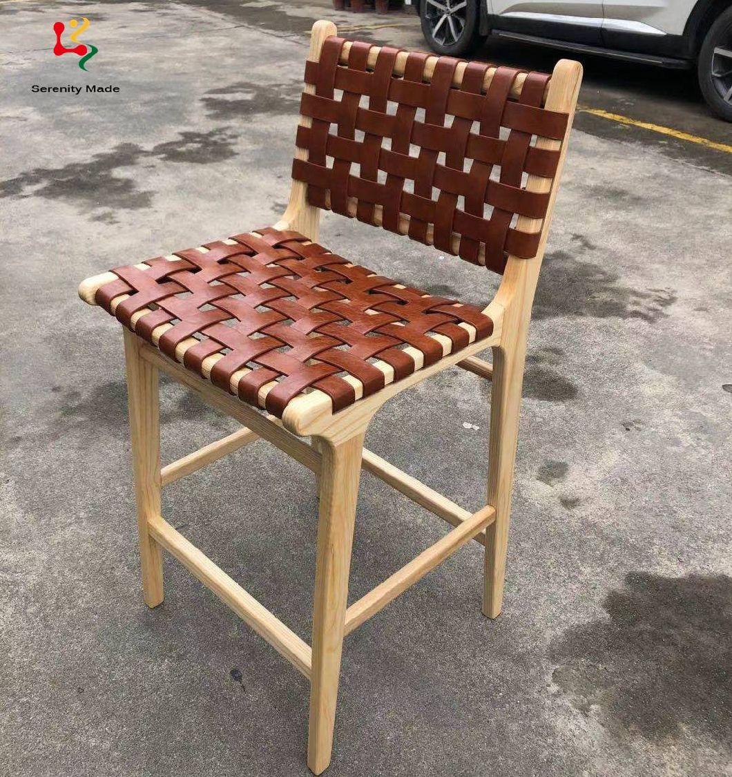 New Arrival Country Style Brown Micro Fiber Leather Strap Solid Ash Timber Frame Wood Stool with Back
