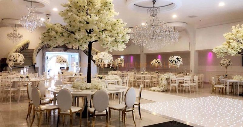 Modern Stainless Steel Luxury Golden Back Net Decor Metal Hotel Restaurant Wedding Banquet Chiavari Blue Dining Chair