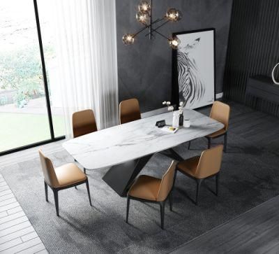 Modern Design Room Furniture Set Steel Frame Marble Dining Table with Leather Chairs