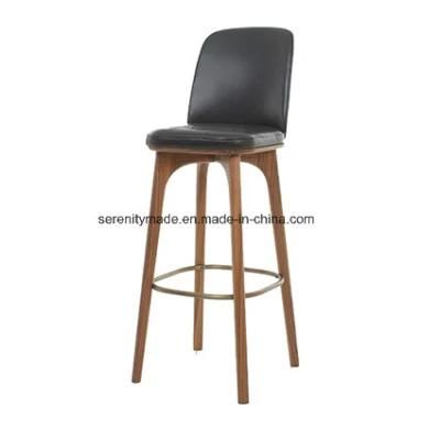 Vintage Black Leather Armless Wood Bar Chair Stool for Club