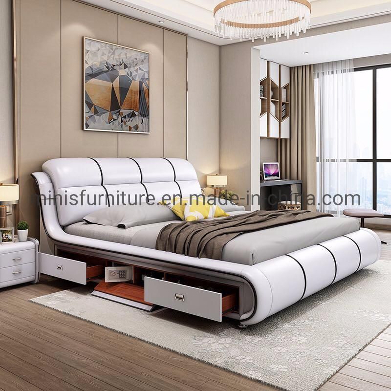 (MN-MB53) Home Bedroom Furniture King/Queen Size White Leather Double Bed with Strorage Cabinets/Drawers