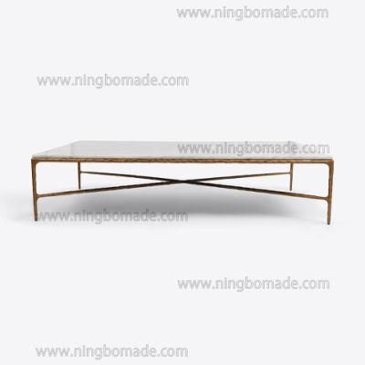 Rustic Hand Hammered Collection Furniture Forged Solid Iron Metal with Brass Color Thick Nature White Cloud Marble Rectangle Coffee Table