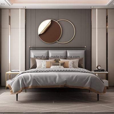 Modern Luxury Bedroom Furniture Leather Upholstered Golden Iron Frame Bed