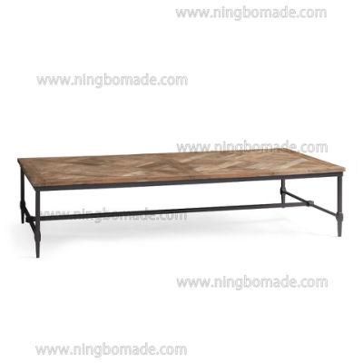 Grained Mosaic Parquet Furniture Natural Reclaimed Elm Top Rustic Black Iron Base Large Rectangular Coffee Table