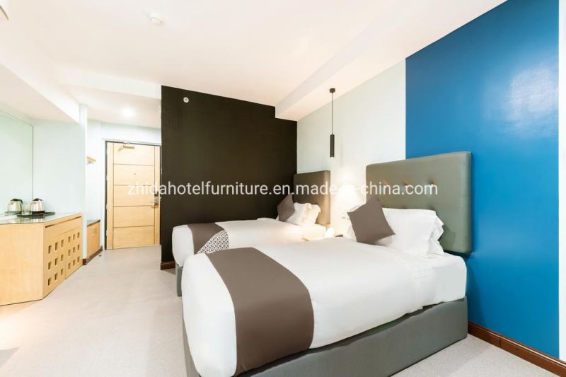 Resort Hotel Apartment Bedroom Furniture Single Queen Size Bed with Leather Buckle Headboard for Vocation & Holidays