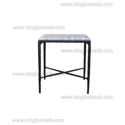 Thaddeus Sculptural Forged Collection White Cloud Marble Top Antique Black Solid Metal Base Square Corner Table
