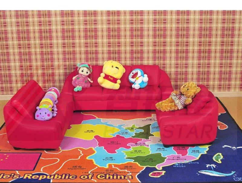 Preschool and Daycare School Wooden Modern Furniture, Kindergarten Kids Hot Sale School Sofa, Wooden Leather Sofa for Home Living Room