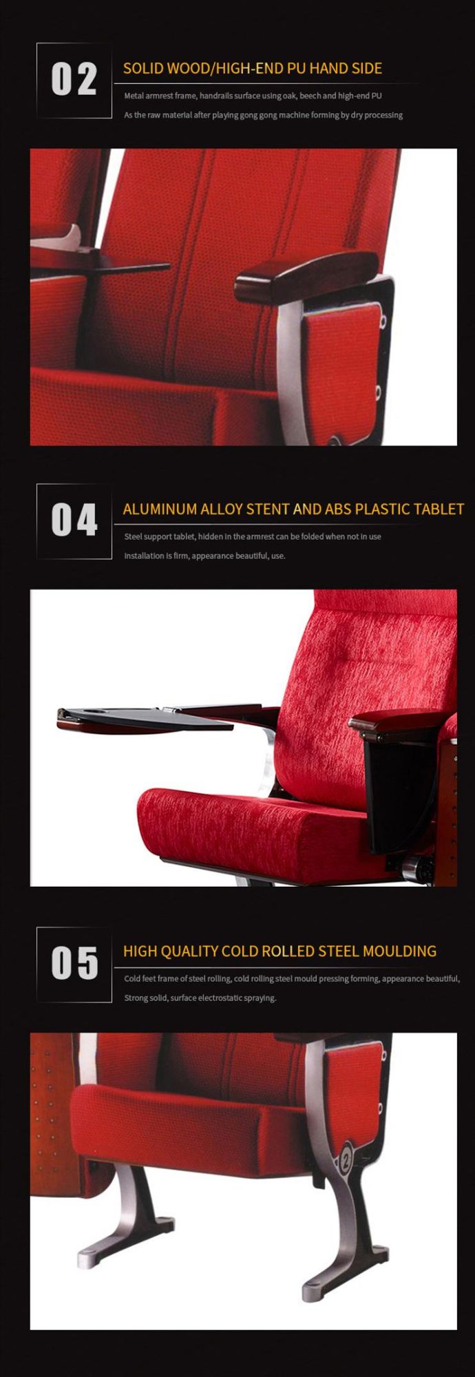 Red Color Auditorium Chair Conference Furniture Lecture University Hall Seating Chair