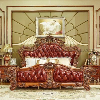 (M-CB78) Luxury Classic European Bedroom Bed Furniture Genuine Leather Wood Bed