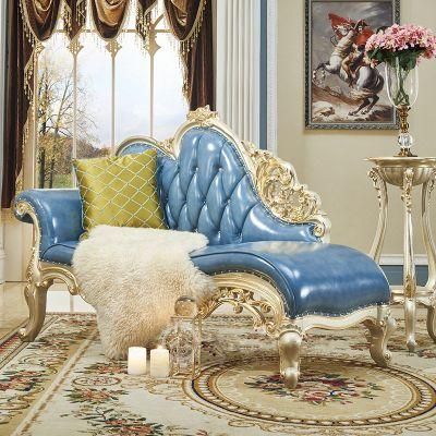 Wood Carved Classic Royal Leather Chaise Lounge Sofa in Optional Furniture Color