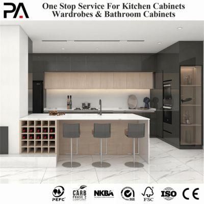 PA Gray Glossy with Wine Grid Island Quartz Countertop Kitchen Cabinets