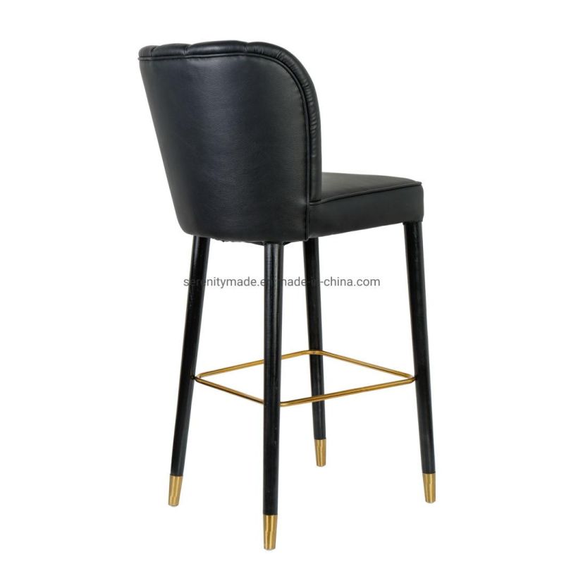 Contemporary Black Leather Wood Legs Upholstered Bar Stool Chair