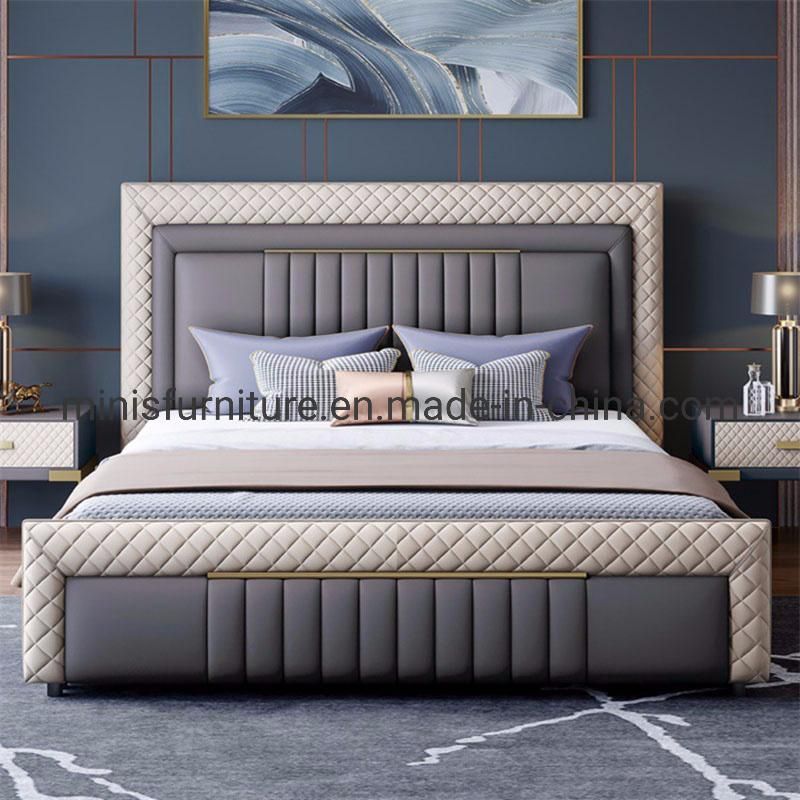 (MN-MB112) Modern Good Bedroom Furniture Grey Leather Bed with Bedside Tables and Bench