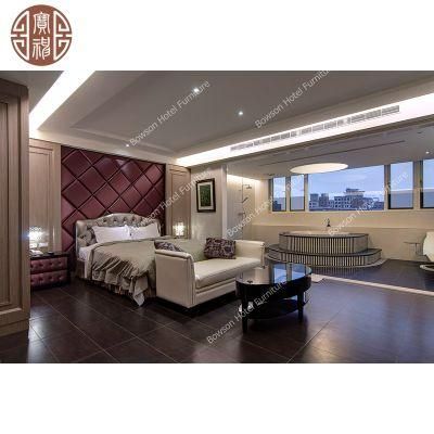 5-Star Fancy Hotel Bedroom Fixed Wooden Finished Surface Genuine Leather Furniture Set for Wholesale